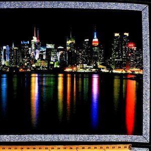 NY City Night Skyline Twin Towers Approx 24.5x45 Inches Cotton Fabric Panel